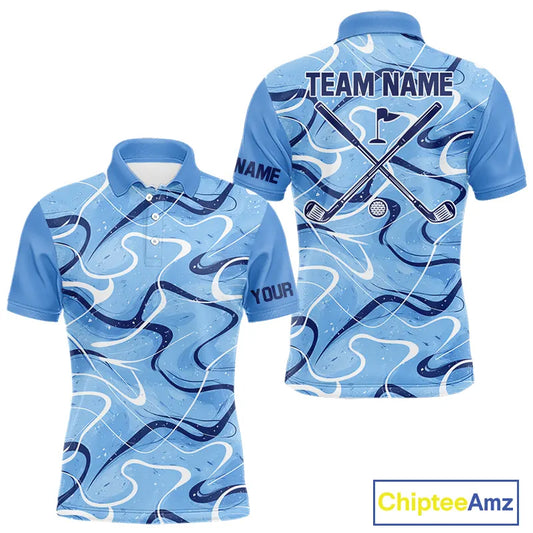 Blue And White Mens Golf Polo Shirts Custom Blue Camo Golf Tops For Men, Personalized Golf Gifts NHN0112