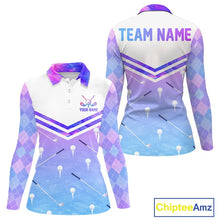 Load image into Gallery viewer, Argyle Womens Long Sleeve Golf Polo Shirt Custom Pink &amp; Purple Plaid Golf Clubs Pattern Team Golf Top NHN0116