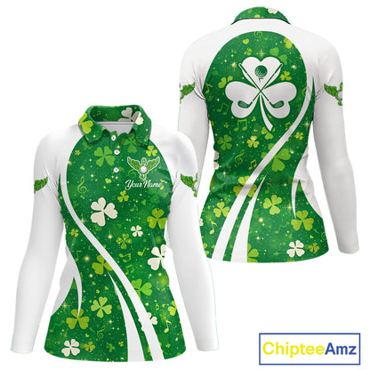 Womens Long Sleeve Golf Polo Shirt Custom Name Green Music Angel Wing Golf Ball St Patrick’S Day Shirt NHN0133