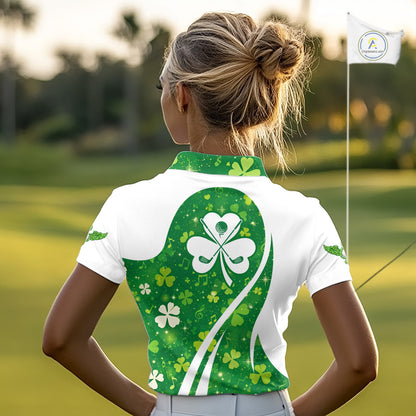 Womens Golf Polo Shirt Custom Name Green Music Angel Wing Golf Ball St Patrick’S Day Golf Outfit NHN0133