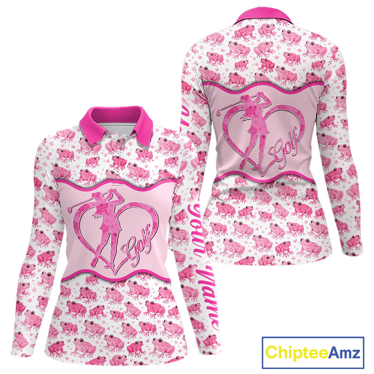 Funny Womens Long Sleeve Golf Polo Shirt Custom Pink Frog Pattern Golf Attire For Ladies Golf Gifts NHN0137
