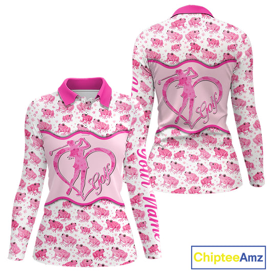Funny Womens Long Sleeve Golf Polo Shirt Custom Pink Frog Pattern Golf Attire For Ladies Golf Gifts NHN0137