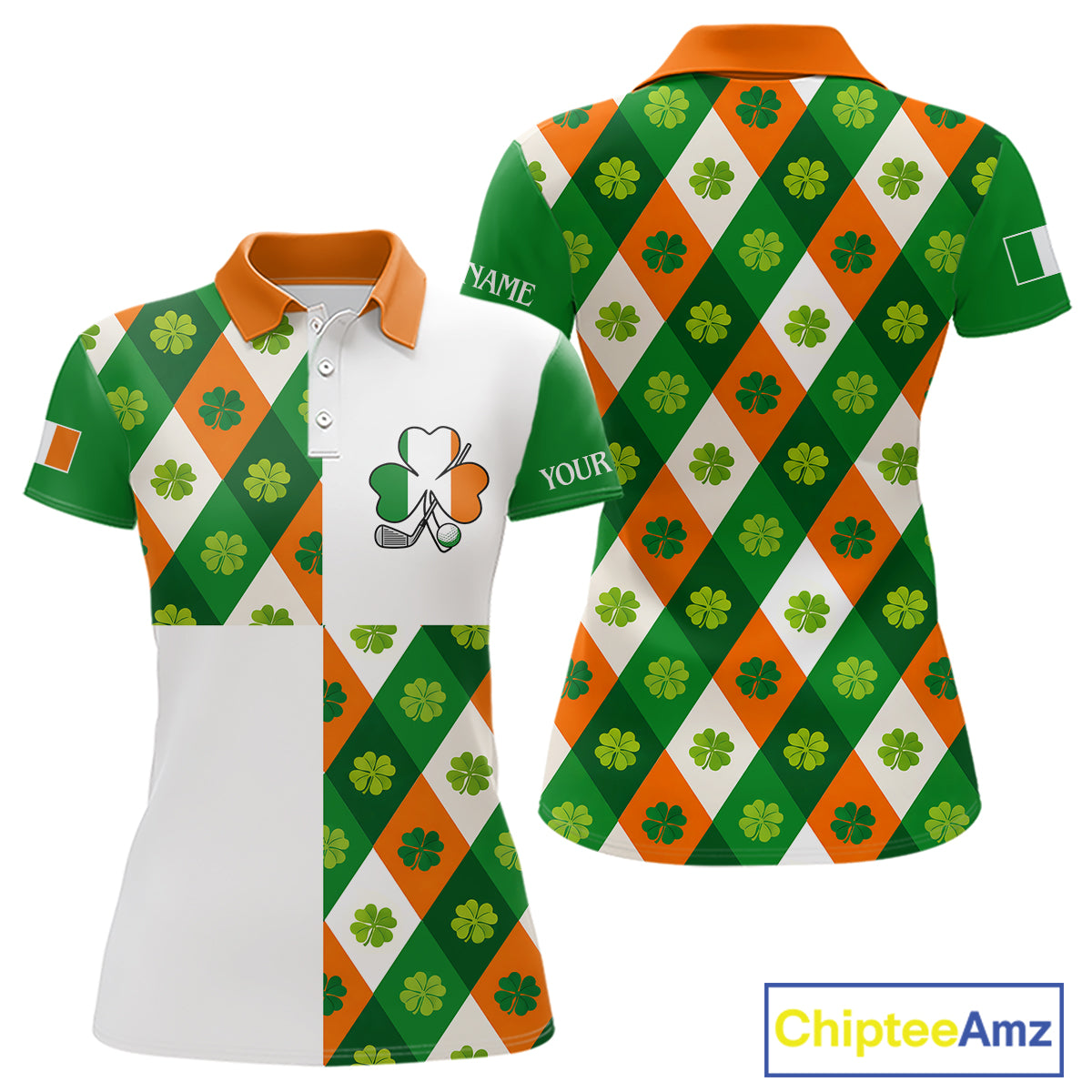 Argyle Womens Golf Polo Shirts Custom Ireland Flag St Patricks Day Green Clovers Plaid Golf Tops NHN0141