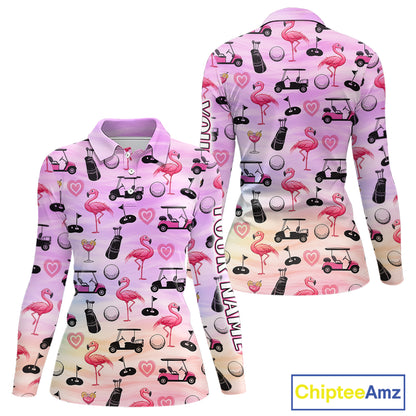 Womens Long Sleeve Golf Polo Shirts Custom Funny Flamingo Heart Pattern Team Ladies Golf Top, Golf Gift NHN0176
