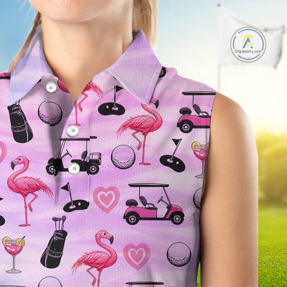 Womens Sleeveless Golf Polo Shirts Custom Funny Flamingo Heart Pattern Team Ladies Golf Top, Golf Gift NHN0176