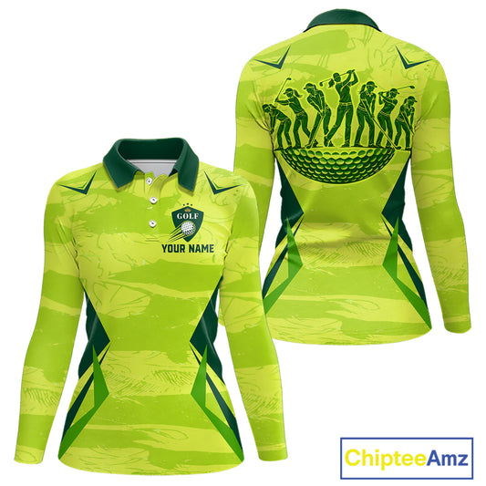 Green Camo Womens Long Sleeve Golf Polo Shirt Custom Camouflage Golf Ball Golf Top For Team, Golf Gift NHN0178