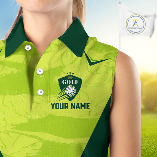 Green Camo Womens Sleeveless Golf Polo Shirt Custom Camouflage Golf Ball Golf Top For Team, Golfer Gift NHN0178