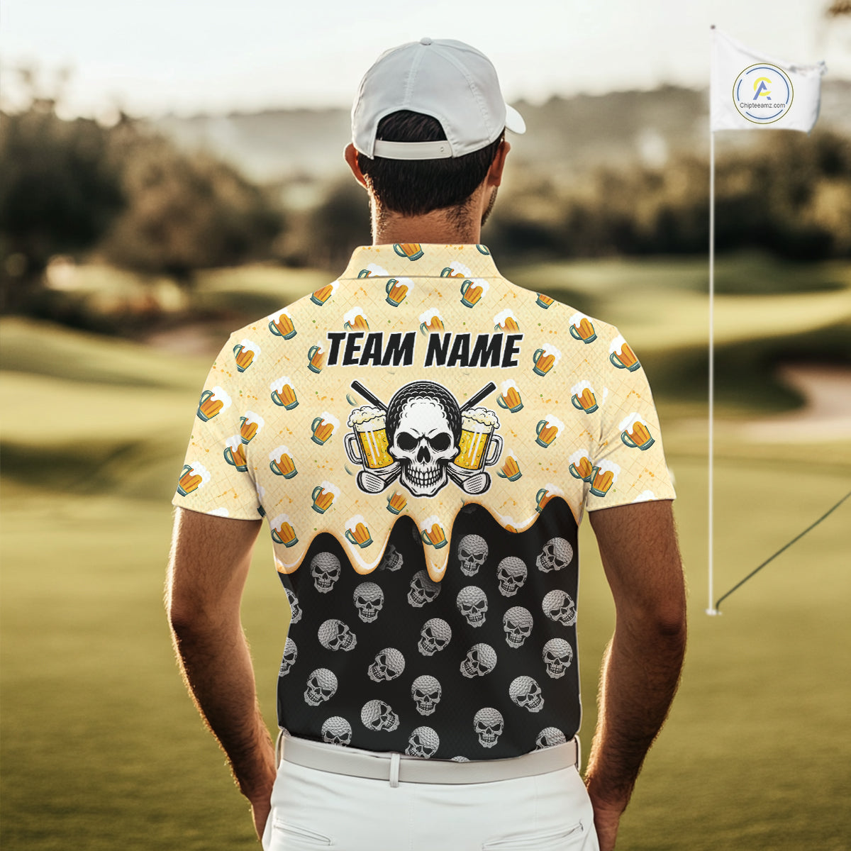 Mens Golf Polo Shirt Beer Skull Golf Pattern Custom Team Golf Tops For Men, Funny Golf Gifts NHN0200