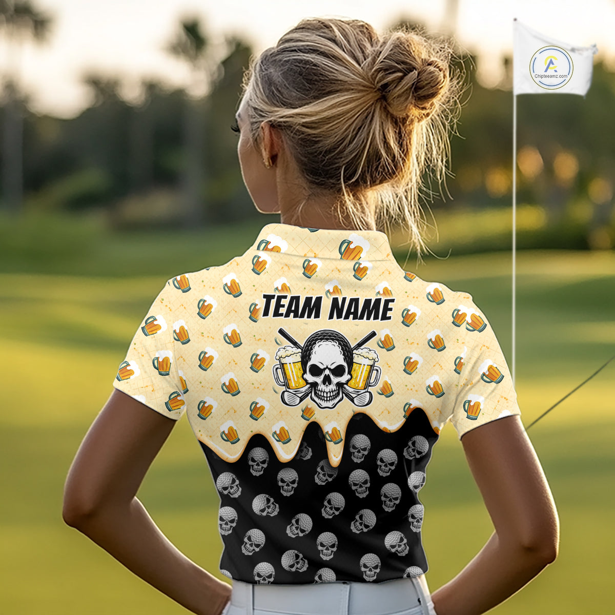 Womens Golf Polo Shirt Beer Skull Golf Pattern Custom Team Golf Tops, Funny Golf Gifts For Ladies NHN0200