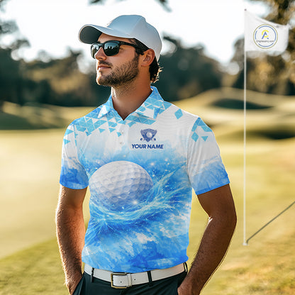 Luxury Blue Mens Golf Polo Shirt Custom Water Splash Pattern With Golf Ball, Team Name Golf Tops NHN0219
