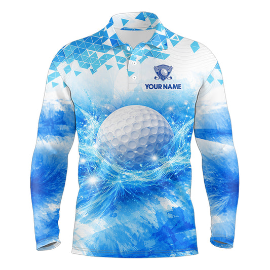 Blue Long Sleeve Golf Polo Shirt Custom Water Splash Pattern With Golf Ball, Group Name Golf Tops NHN0219