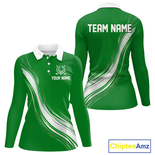 Green And White Womens Long Sleeve Golf Polo Shirt Custom Golf Shirts For Team Personalized Golf Gifts NHN0095