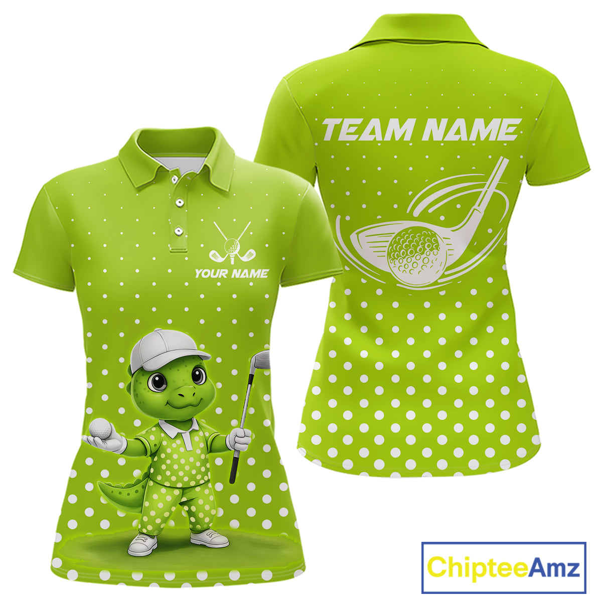 Funny Dinosaur Womens Golf Polo Shirt Custom Name Green Pattern Dinosaur Golf Shirts For Ladies NHN0100