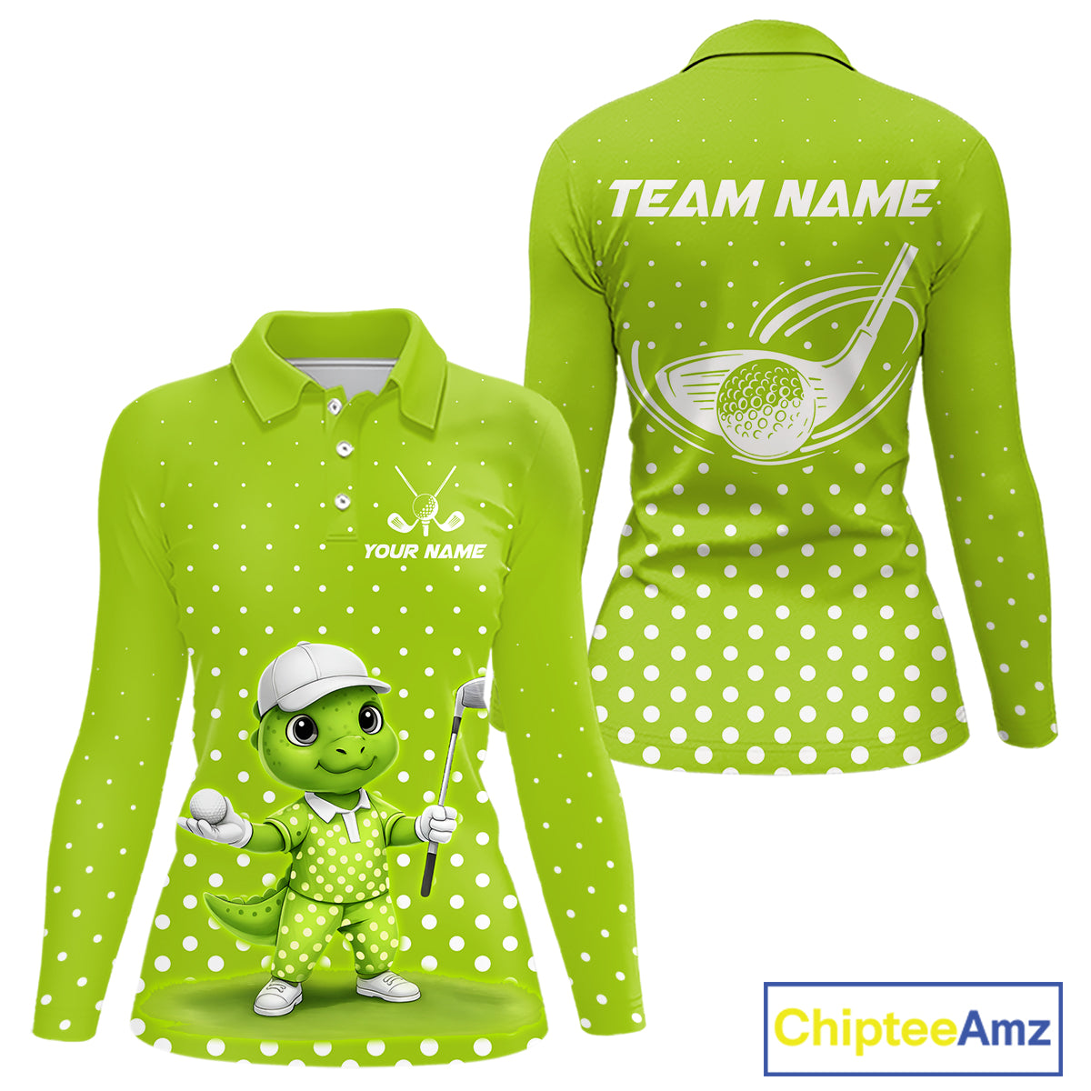 Funny Dinosaur Long Sleeve Golf Polo Shirt Green Pattern Custom Dinosaur Golf Shirts For Women NHN0100