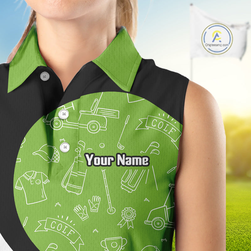 Green And White Womens Sleeveless Golf Polo Shirt Custom Black Golf Shirts For Ladies, Golf Gifts NHN0110