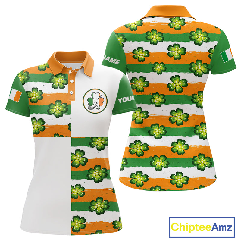 Womens Golf Polo Shirts Custom Ireland Flag St Patricks Day Green Clovers Golf Tops For Ladies NHN0140