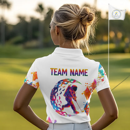 Womens Golf Polo Shirt Argyle Pattern Golf Shirts For Women Funny Astronaut Watercolor Golf Gifts NHN0006