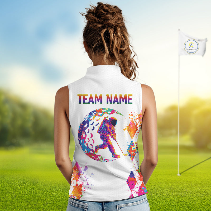 Funny Astronaut Womens Sleeveless Golf Polo Shirt Argyle Pattern Watercolor Golf Gifts NHN0006
