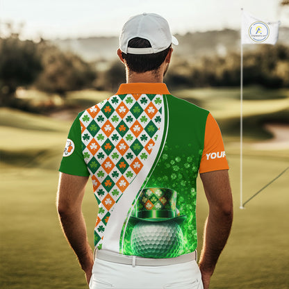 Mens Golf Polo Shirts Custom Green Clover St Patricks Day Plaid Pattern Ireland Flag Flame Golf Ball NHN0142