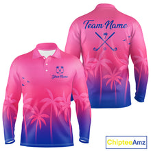Load image into Gallery viewer, Long Sleeve Golf Polo Shirt Custom Pink Blue Palm Pattern Team Mens Golf Tops, Summer Golf Gifts NHN0172