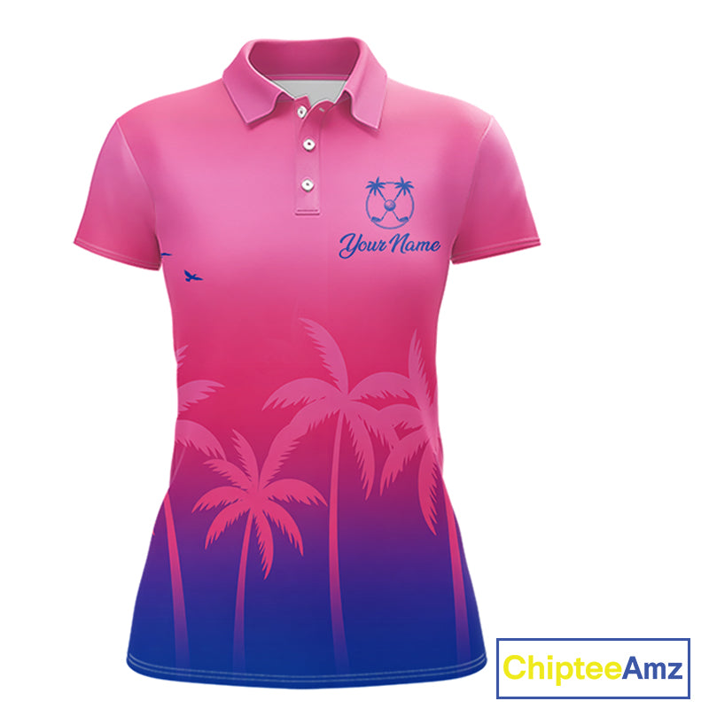 Womens Golf Polo Shirt Custom Pink Blue Palm Pattern Team Ladies Golf Tops, Summer Golf Gifts NHN0172
