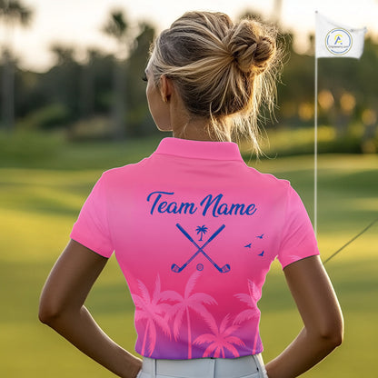 Womens Golf Polo Shirt Custom Pink Blue Palm Pattern Team Ladies Golf Tops, Summer Golf Gifts NHN0172