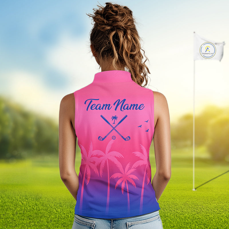 Womens Sleeveless Golf Polo Shirt Custom Pink Blue Palm Pattern Team Ladies Golf Tops, Golf Gifts NHN0172