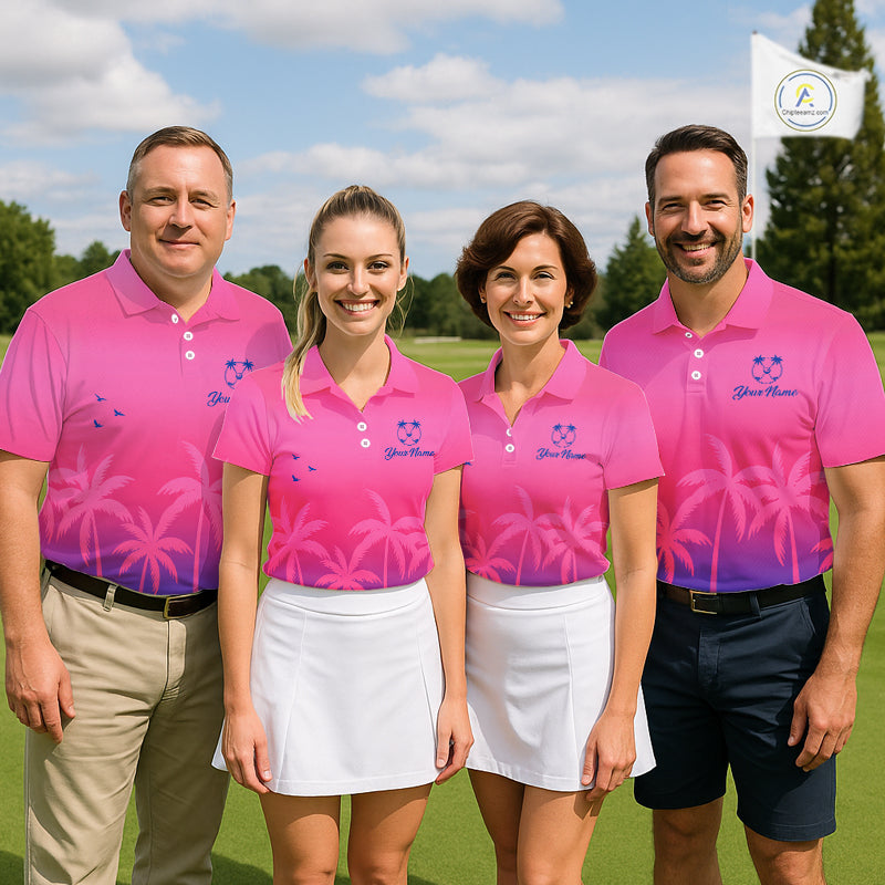 Womens Golf Polo Shirt Custom Pink Blue Palm Pattern Team Ladies Golf Tops, Summer Golf Gifts NHN0172
