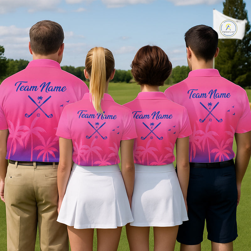Womens Golf Polo Shirt Custom Pink Blue Palm Pattern Team Ladies Golf Tops, Summer Golf Gifts NHN0172