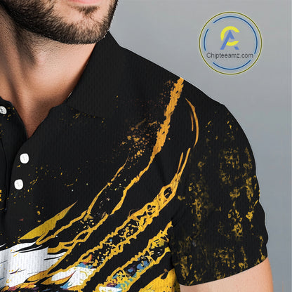 Mens Golf Polo Shirt Custom Yellow And Black Grunge Ripped Eagle Grasping Golf Ball Golf Apparel NHN0057
