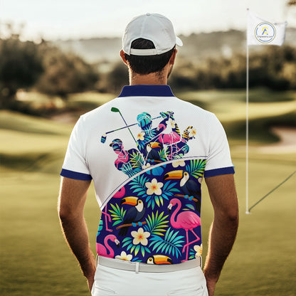 Funny Mens Golf Polo Shirt Custom Toucan Tropical Pattern, Flamingo Golf Shirt For Men NHN0205
