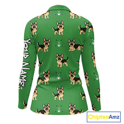 Funny German Shepherd Womens Long Sleeve Golf Polo Shirt Custom Green Team Golf Tops, Dog Lover Gift NHN0213