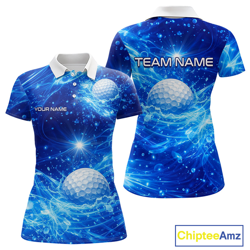 Personalized Womens Golf Polo Shirt Blue Water Splash Golf Ball Custom Name Golf Tops For Team NHN0221