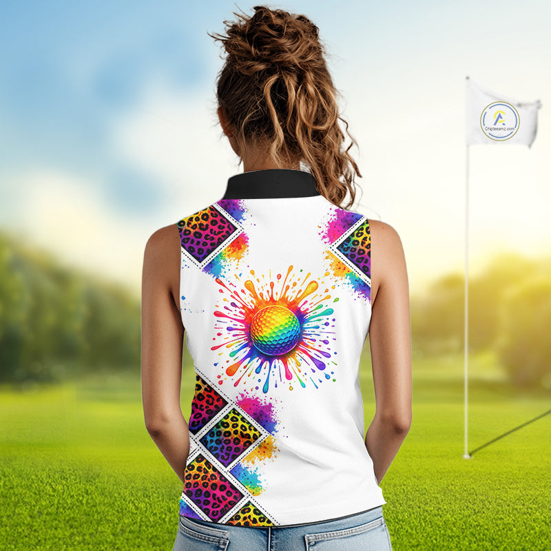 Rainbow Womens Sleeveless Golf Polo Shirt Leopard Print Pattern Custom Team Ladies Golf Top, Golf Gift NHN0228