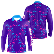 Load image into Gallery viewer, Long Sleeve Golf Polo Shirt Blue Purple Pink Custom Golf Balls And Golf Clubs Pattern, Team Golf Shirt NHN0105