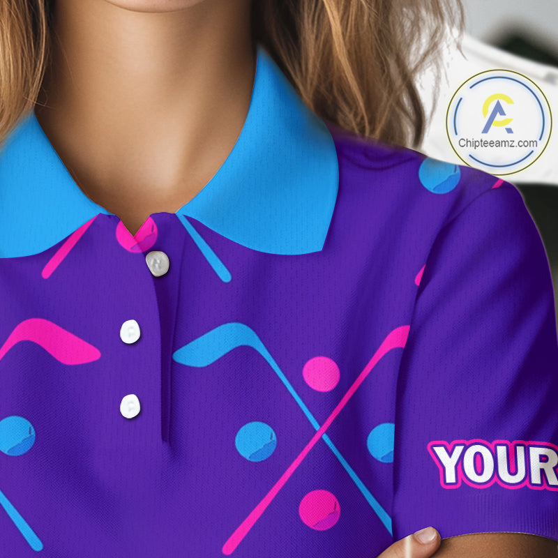 Womens Golf Polo Shirts Blue Purple Pink Custom Golf Balls And Golf Clubs Pattern, Team Golf Shirt NHN0105