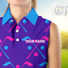 Load image into Gallery viewer, Womens Sleeveless Golf Polo Shirt Blue Purple Pink Custom Golf Balls And Golf Clubs, Team Golf Shirt NHN0105