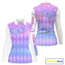 Load image into Gallery viewer, Argyle Womens Long Sleeve Golf Polo Shirt Custom Pink &amp; Purple Plaid Golf Clubs Pattern Team Golf Top NHN0114