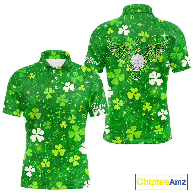 Mens Golf Polo Shirt Custom Green Music Angel Wing Golf Ball St Patricks Day Golf Shirts, Golf Gifts NHN0132
