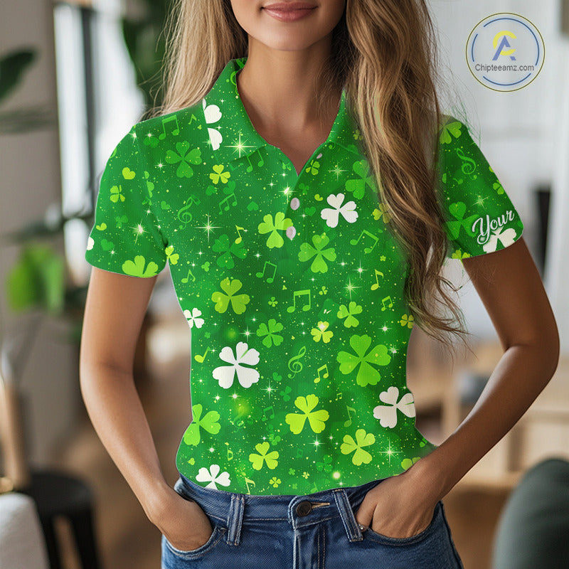 Womens Golf Polo Shirt Custom Green Music Angel Wing Golf Ball St Patricks Day Golf Shirts, Golf Gifts NHN0132