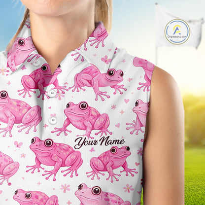 Funny Womens Sleeveless Golf Polo Shirt Custom Pink Frog Pattern Golf Attire For Ladies Golfer NHN0134