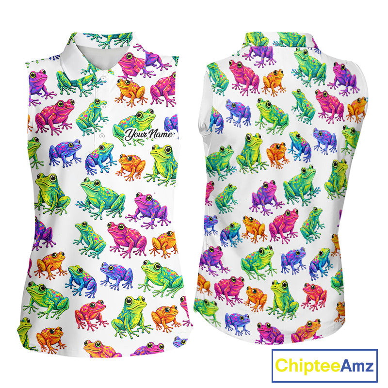Funny Watercolor Womens Sleeveless Golf Polo Shirt Custom Colorful Frog Pattern Golf Attire NHN0134