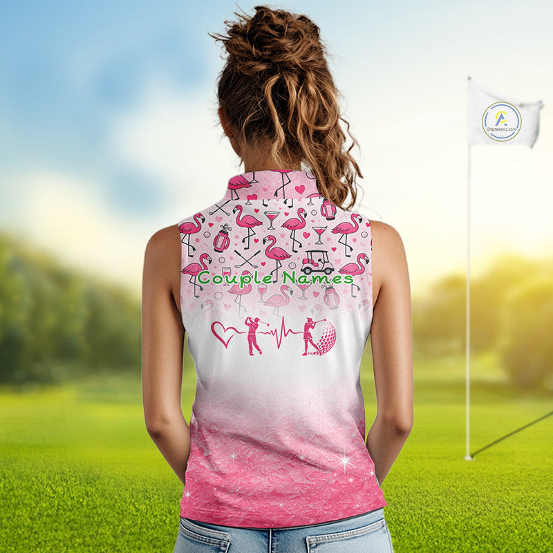 Pink Flamingo Heart Theme Matching Sleeveless Golf Polo Shirt For Couple Custom Couple Valentines Outfit NHN0145