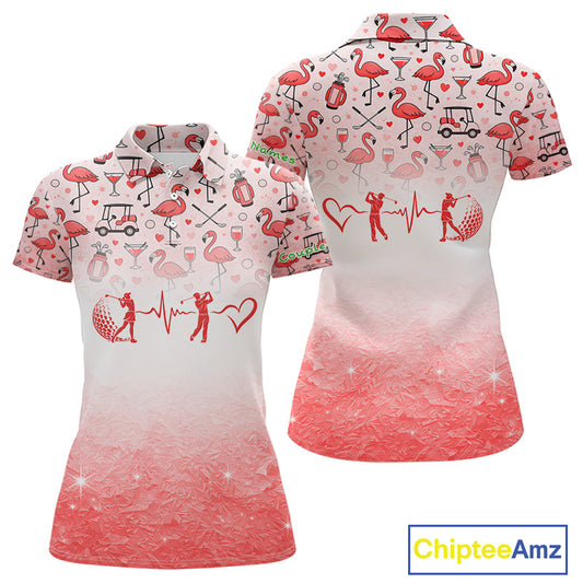 Red Flamingo Heart Theme Matching Golf Polo Shirt For Couple Custom Couple Valentines Outfit NHN0145