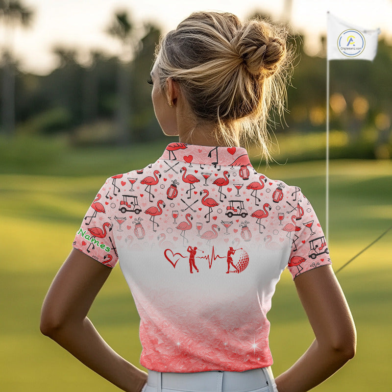 Red Flamingo Heart Theme Matching Golf Polo Shirt For Couple Custom Couple Valentines Outfit NHN0145