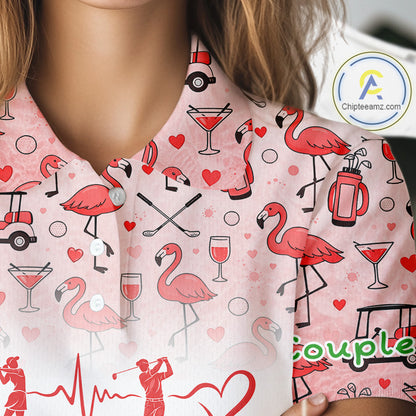 Red Flamingo Heart Theme Matching Golf Polo Shirt For Couple Custom Couple Valentines Outfit NHN0145