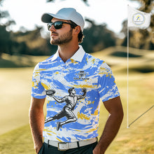 Load image into Gallery viewer, Camo Mens Disc Golf Polo Shirt Custom Name Blue Yellow Disc Golf Basket Apparel Team Disc Golf Outfit NHN0027