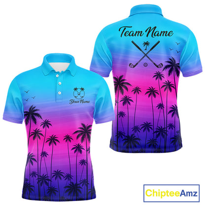 Pink Blue Neon Palm Pattern Mens Golf Polo Shirt Custom Golf Ball Blue Golf Tops, Golfer Gifts NHN0157