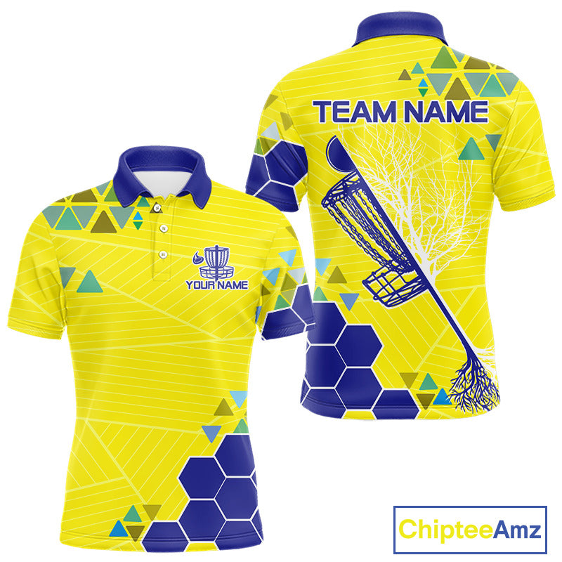 Blue And Yellow Hexagon Pattern Mens Disc Golf Polo Shirts Custom Team Disc Golf Jerseys NHN0031