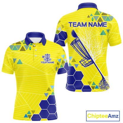 Blue And Yellow Hexagon Pattern Mens Disc Golf Polo Shirts Custom Team Disc Golf Jerseys NHN0031